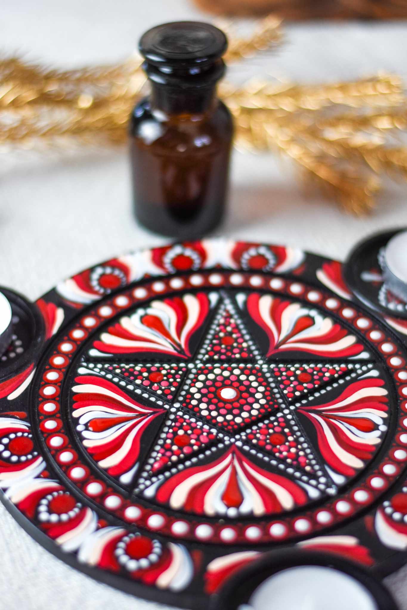 plateau bougeoir pentacle noir et rouge