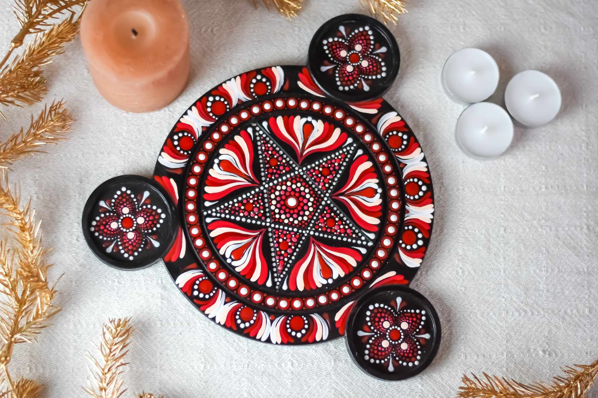 plateau bougeoir pentacle noir et rouge
