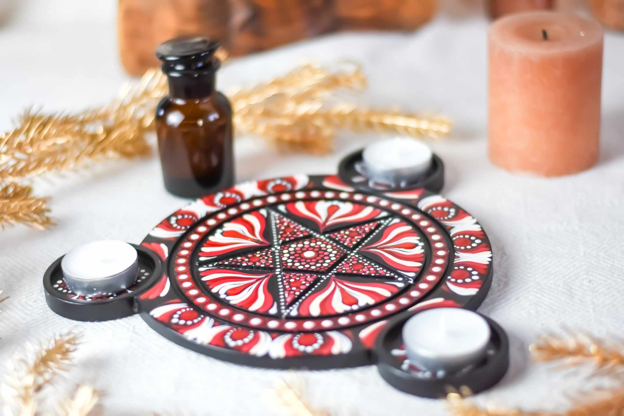 plateau bougeoir pentacle noir et rouge