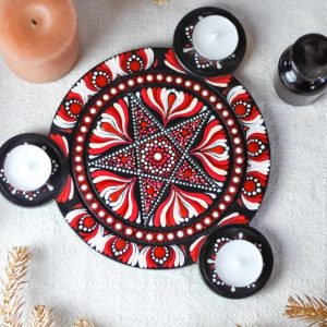 plateau bougeoir pentacle noir et rouge
