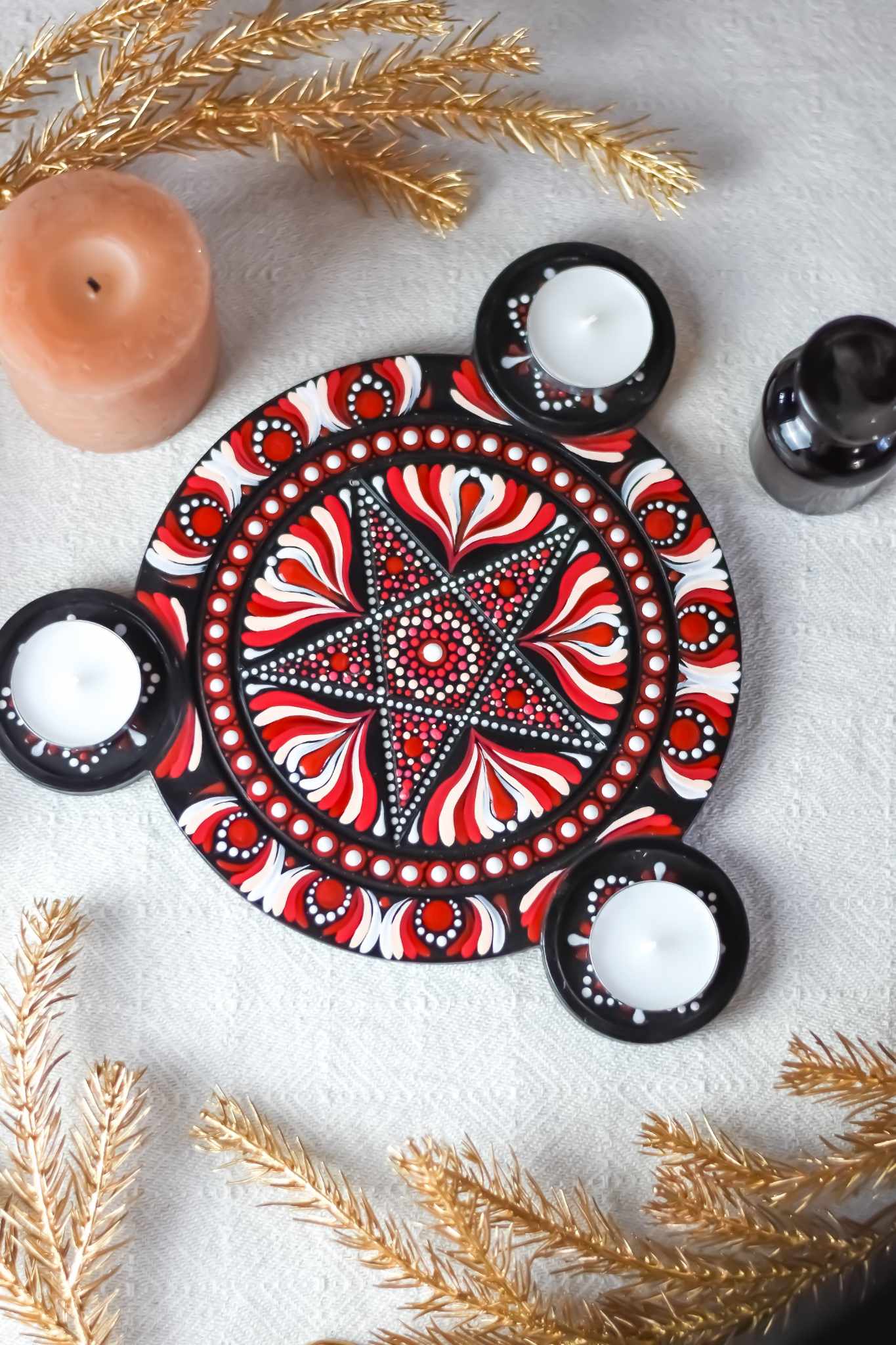 plateau bougeoir pentacle noir et rouge